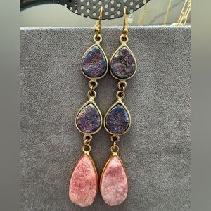 Panacea Drusy Linear Drop Earrings with Pink, Blue, Purple and Gold